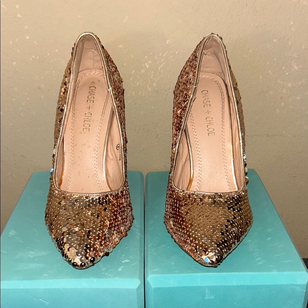Chase + Chloe Gold Tan Heels Sophisticated Style